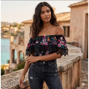 Haute Project Off Shoulder Flounce Lace Floral Stretch Top L Whimsigoth Romantic